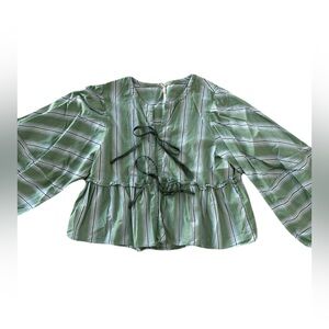 NWOT Women's Free People Green Striped Long Sleeve Cadigan Blouse Size Small
